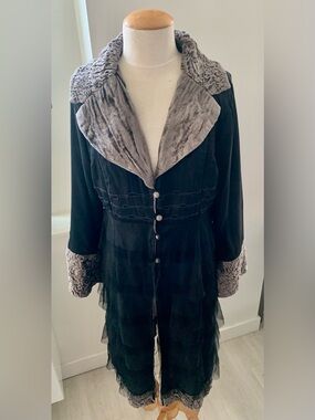 ⭐️Nataya Black Long Coat with Gray Faux Fur Trim and Tulle Details⭐️